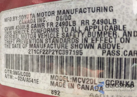 2000 Toyota Camry Solara Sle V6 from USA, damaged, VIN 2T1CF22P2YC397195